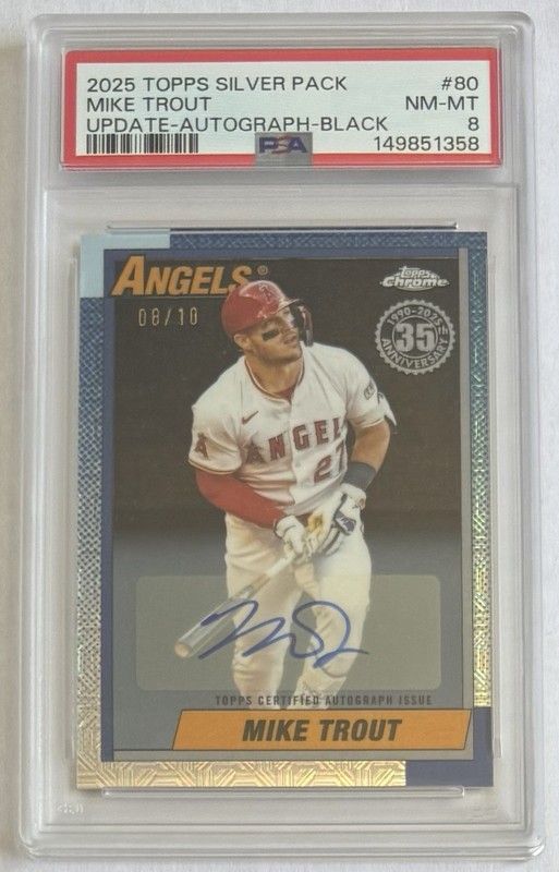 Mike Trout Auto /10 2025 Topps Update Silver Pack Black Autograph Card PSA 8
