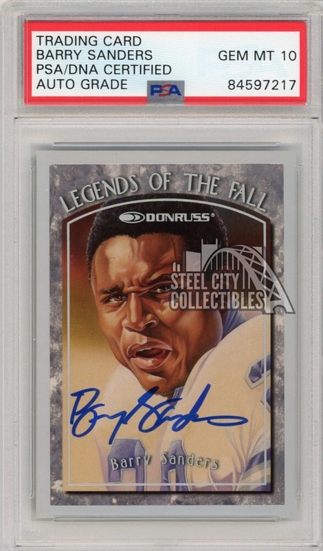 Barry Sanders 1997 Donruss Legends Of The Fall Auto Card /10000 #2 PSA/DNA 10