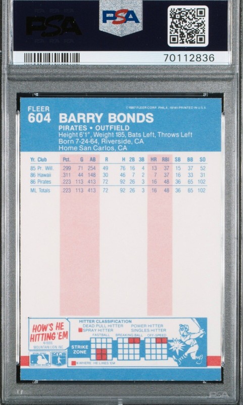 1987 Fleer Glossy — Barry Bonds — ROOKIE  — MINT PSA 9 view 2