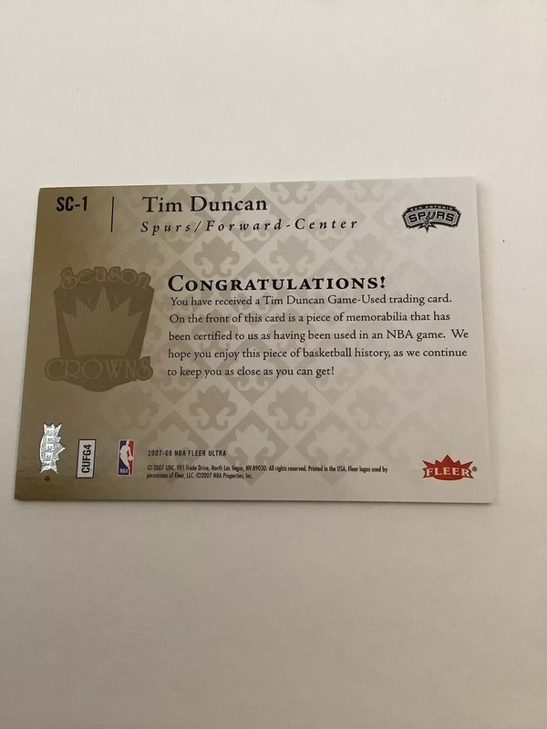 2007 Ultra Basketball Season Crowns #SC-1 Tim Duncan Game Used Jersey Card view 2