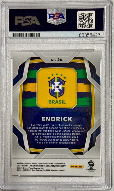 2024 Panini Prizm Copa America #24 Signed Endrick Rookie RC PSA GEM MT 10 Auto view 2
