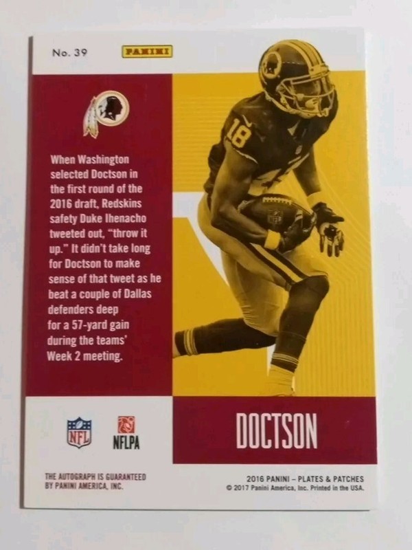 2016 Panini Plates & And Patches Josh Doctson Upper Echelon Blue RC Auto 21/25 view 2