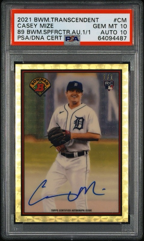 2021 CASEY MIZE 1989 Bowman TRANSCENDENT SUPERFRACTOR PSA 10 AUTO 1/1 CM Tigers!