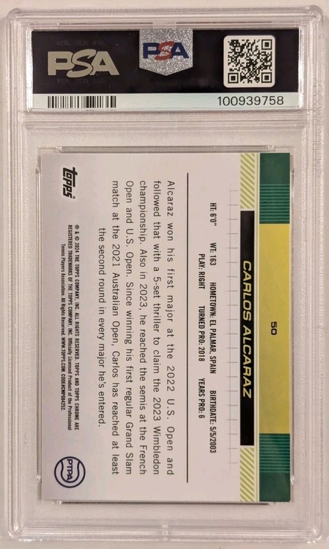 2024 Topps Chrome Sapphire Tennis Orange Carlos Alcaraz #50 /25 MINT PSA 9 view 2