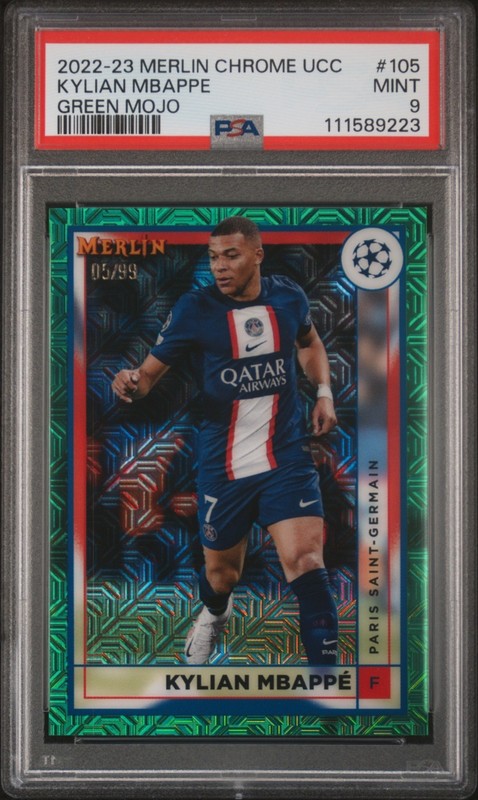 2022-23 Topps Merlin UCC Kylian Mbappe Green Mojo - #105 SP /99 PSA 9   G456