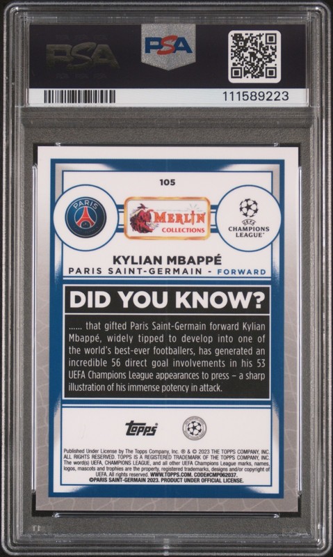 2022-23 Topps Merlin UCC Kylian Mbappe Green Mojo - #105 SP /99 PSA 9   G456 view 2