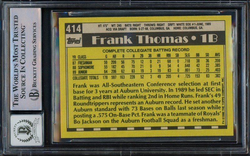 Frank Thomas Signed 1990 Topps RC 414 Chicago White Sox Auto GM 10 Beckett view 2