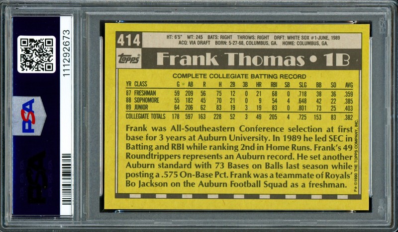 Frank Thomas Signed 1990 Topps RC 414 Chicago White Sox PSA 9 Auto GM 10 PSA/DNA view 2