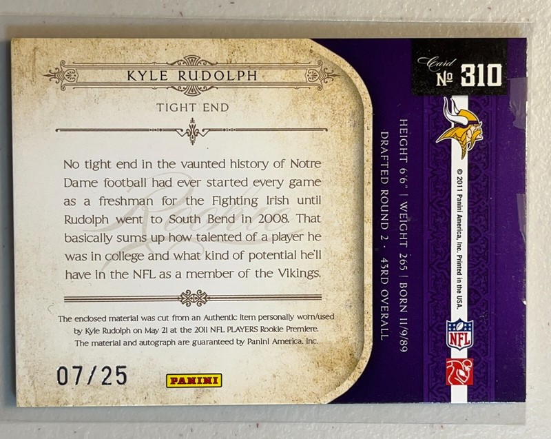 Kyle Rudolph 2011 National Treasures /25 Black Logo RPA Patch Auto RC 310 (READ) view 2