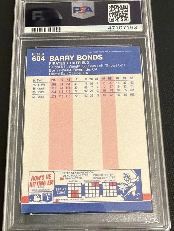 1987 Fleer Glossy #604 BARRY BONDS Rookie Card RC PSA 9 Mint Quantity Available view 2