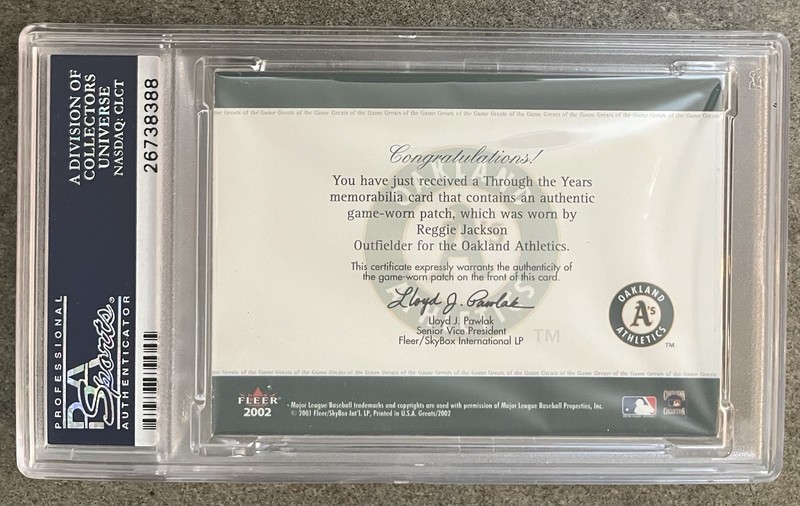2002 Fleer Greats Reggie Jackson Through the Years A's Game-Worn Jersey /100 PSA view 2