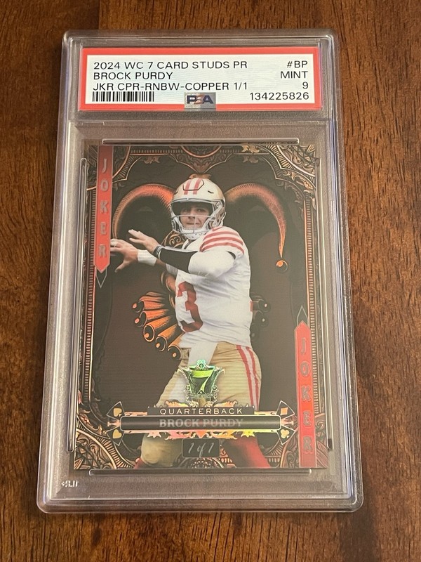 PSA 9 1/1 Card Brock Purdy 2024 WC 7 Card Studs Copper Rainbow Joker