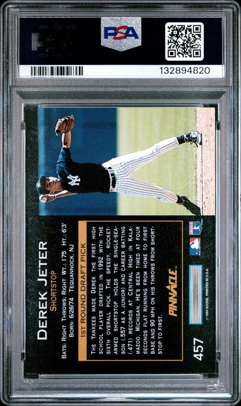 1993 Pinnacle #457 Derek Jeter Rookie RC New York Yankees (HOF) PSA 9 MINT view 2