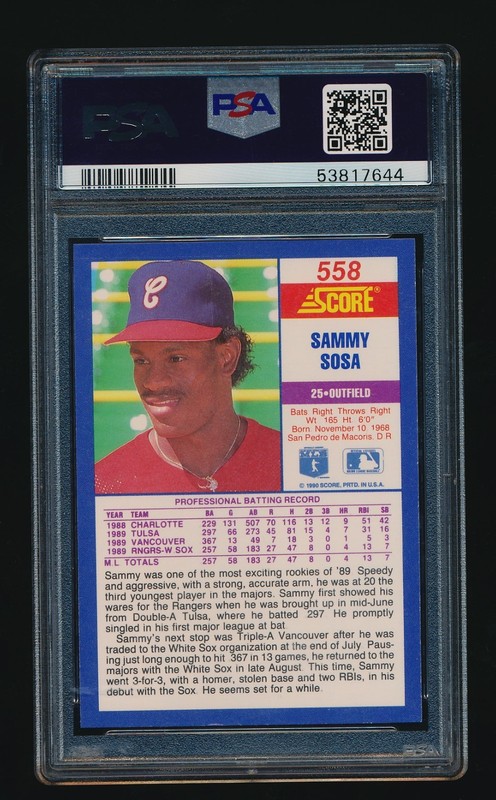 1990 Score SAMMY SOSA Rookie Card RC #558 PSA 10 Gem Mint - Chicago White Sox view 2