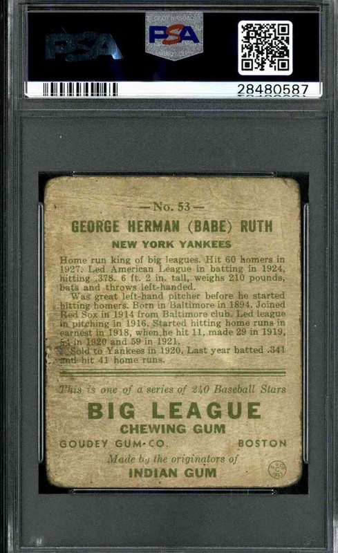 1933 Goudey #53 Babe Ruth - PSA 1 view 2