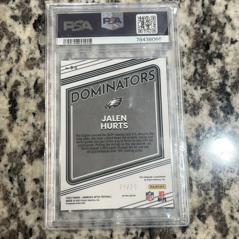 2022 Panini Donruss Optic Dominators Autograph D5 Jalen Hurts 74/75 PSA 9  view 2