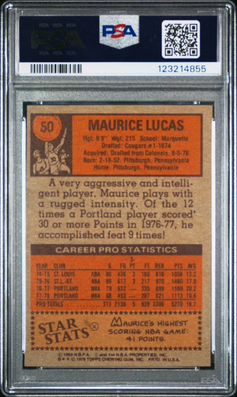 vintage PSA 6 - TOPPS 1978 MAURICE LUCAS BASKETBALL CARD #50 - TRAILBLAZERS view 2
