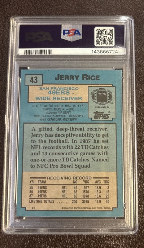 1988 Topps #43 JERRY RICE PSA 9 Mint - San Francisco 49ers HOF  view 2