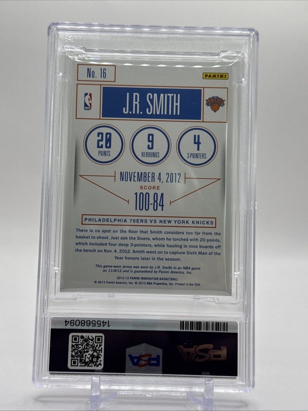 J.R. Smith 2012 Innovation Stat Line Jerseys /149. Game Worn Patch PSA 8 view 2
