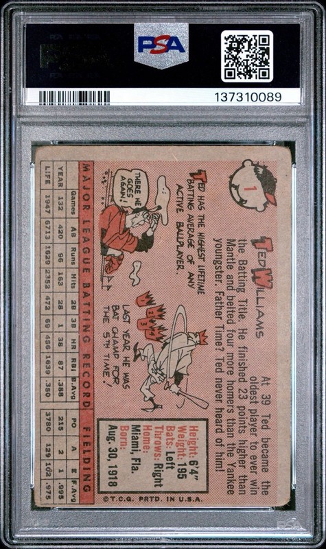 Ted Williams 1958 Topps #1 PSA 1 PR Vintage Baseball Card Red Sox view 2