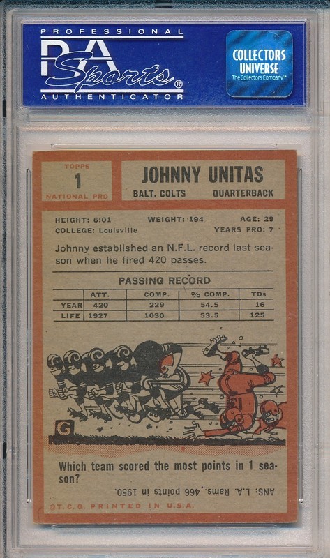 1962 TOPPS #1 JOHNNY UNITAS - PSA 6 EX-MT (SVSC) view 2
