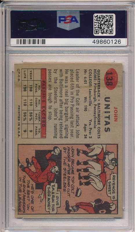 1957 TOPPS #138 JOHNNY UNITAS ROOKIE - PSA 5 EX (SVSC) view 2