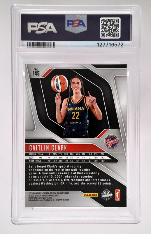 2024 Panini Prizm WNBA Caitlin Clark RC #145 PSA 9 Indiana Fever Rookie Card S1 view 2