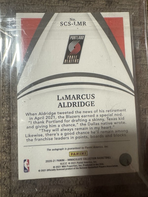 2020 Panini Immaculate Scorers Club LaMarcus Aldridge /99 Auto #SCS-LMR Blazers view 2