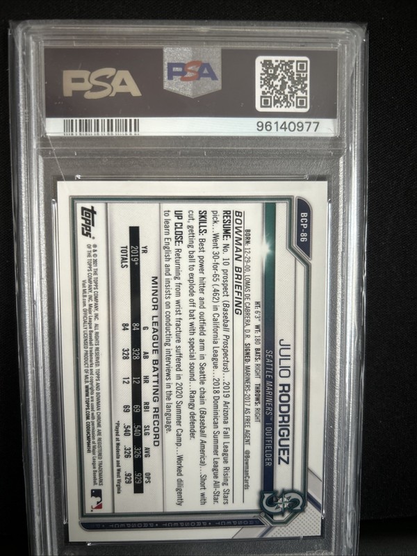 Julio Rodriguez 2021 Bowman Chrome Green Refractor # 11/99 PSA 9 Mint view 2