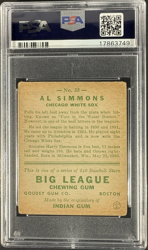 1933 Goudey (R319) #35 Al Simmons PSA 3.5 VG+ Nice Color New Label view 2