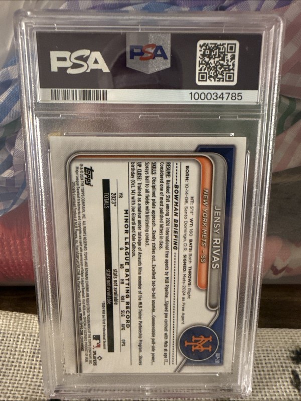 2024 Bowman Chrome - Prospect Autographs Jensy Rivas Orange Shimmer /25 PSA 10 view 2