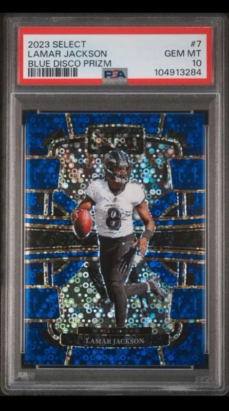 2023 Panini Select Concourse Lamar Jackson #7 Blue Disco Prizm /25 PSA 10