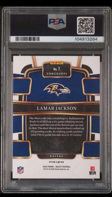 2023 Panini Select Concourse Lamar Jackson #7 Blue Disco Prizm /25 PSA 10 view 2