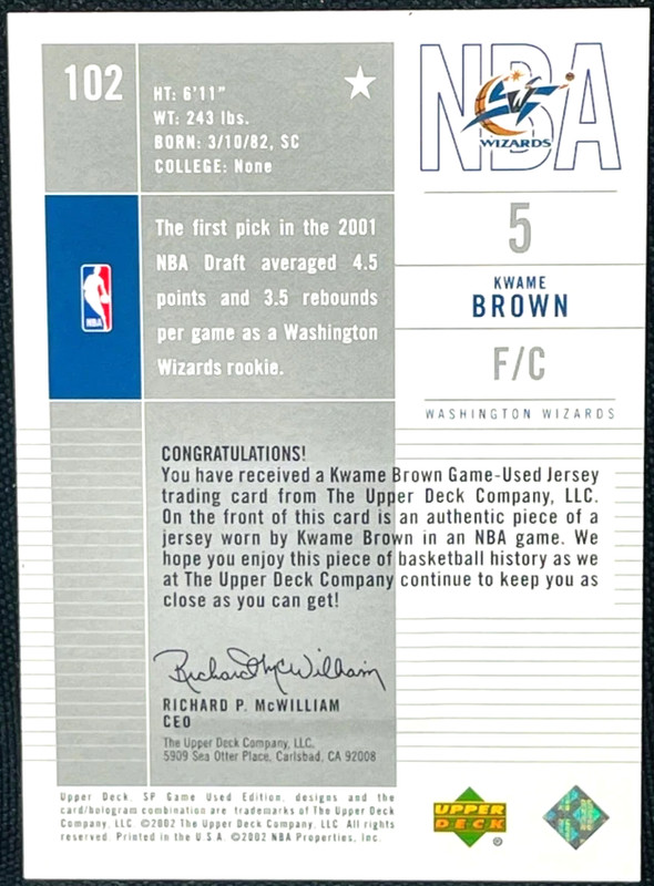 2002-03 BASKETBALL SP Game Used KWAME BROWN  Game-Worn Jersey Card #102 NMMT view 2