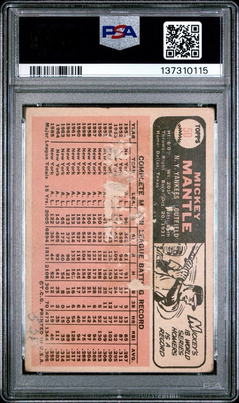 Mickey Mantle 1966 Topps #50 NY Yankees Vintage PSA 1 Nice Look Paper on back view 2