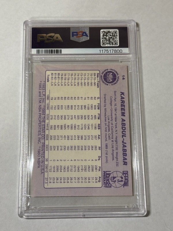1983 Star Basketball- #14 Kareem Abdul-Jabbar - PSA 7 view 2