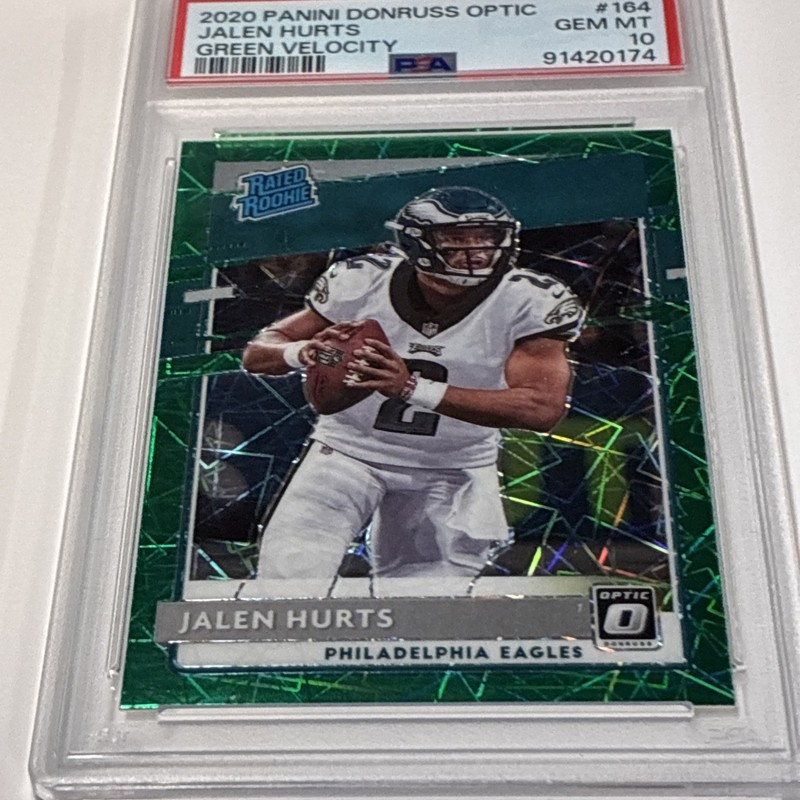 2020 Panini Optic Jalen Hurts #164 Green Velocity PSA 10 Rated Rookie Eagles RC view 2