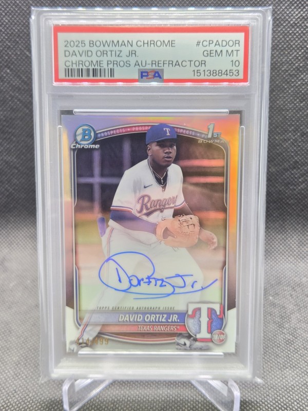 2025 Bowman Chrome David Ortiz Jr Refractor Auto PSA 10 Rangers Pop 1  /499