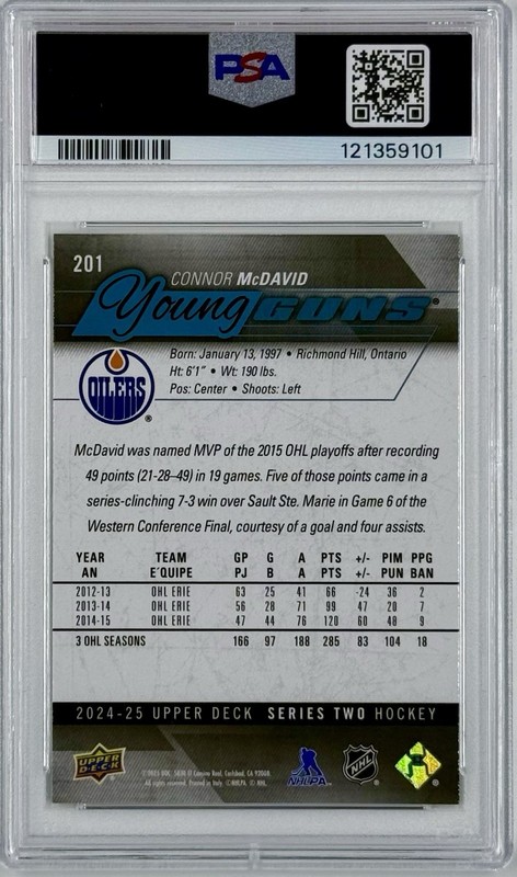 2024-25 Upper Deck Series 2 Hockey Connor McDavid #201 Young Guns Renewed PSA 10 view 2