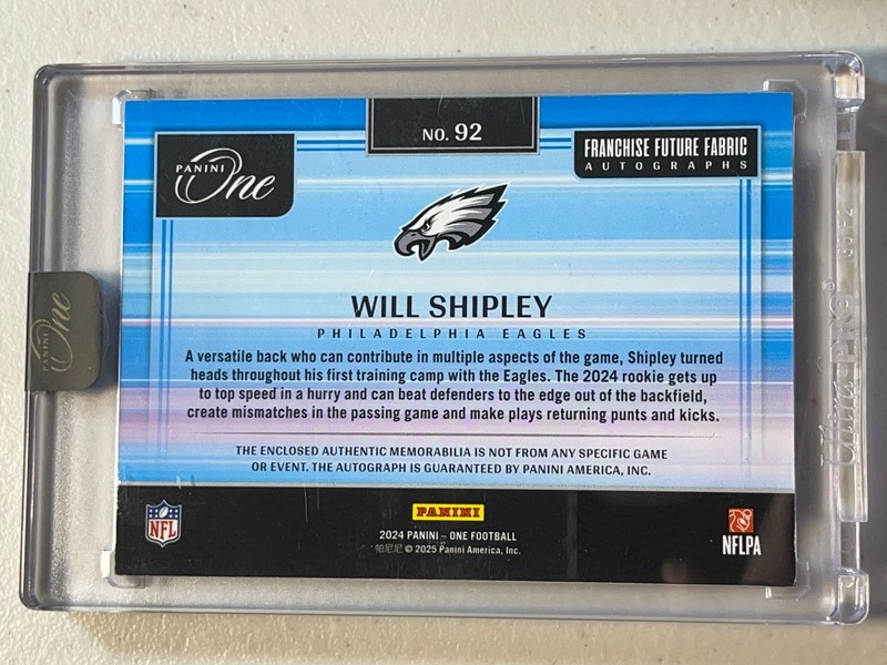 Will Shipley 2024 Panini One /49 Red RPA Franchise Future Fabric Patch Auto RC view 2