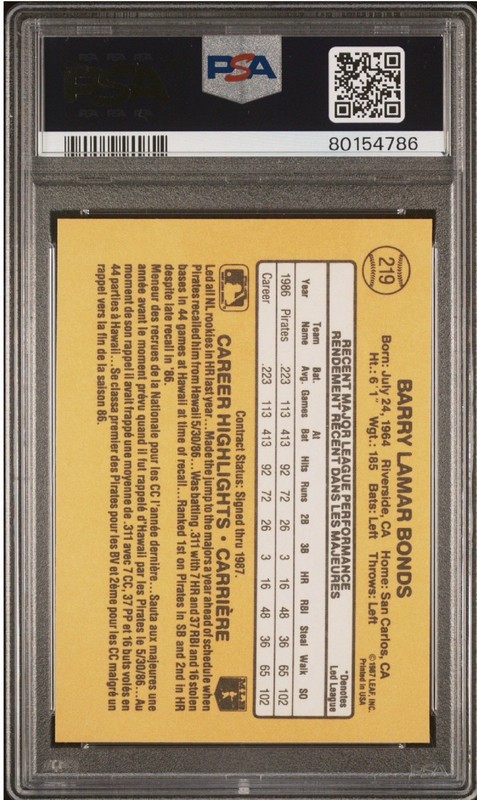 1987 Leaf Barry Bonds #219 PSA 9 Mint Rookie Card RC Pop 690 Canadian view 2