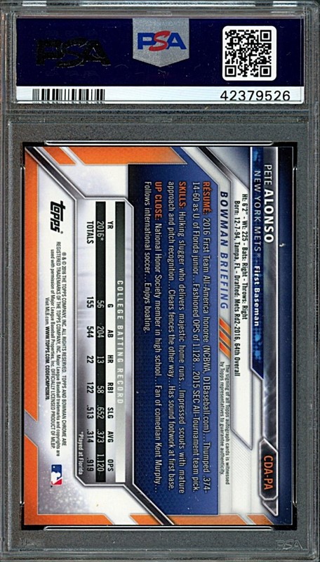 2016 Bowman Draft Pete Alonso Auto PSA 9 view 2