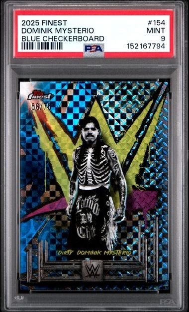 2025 TOPPS FINEST WWE 154 "DIRTY" DOMINIK MYSTERIO BLUE CHECKERBOARD #/149 PSA 9