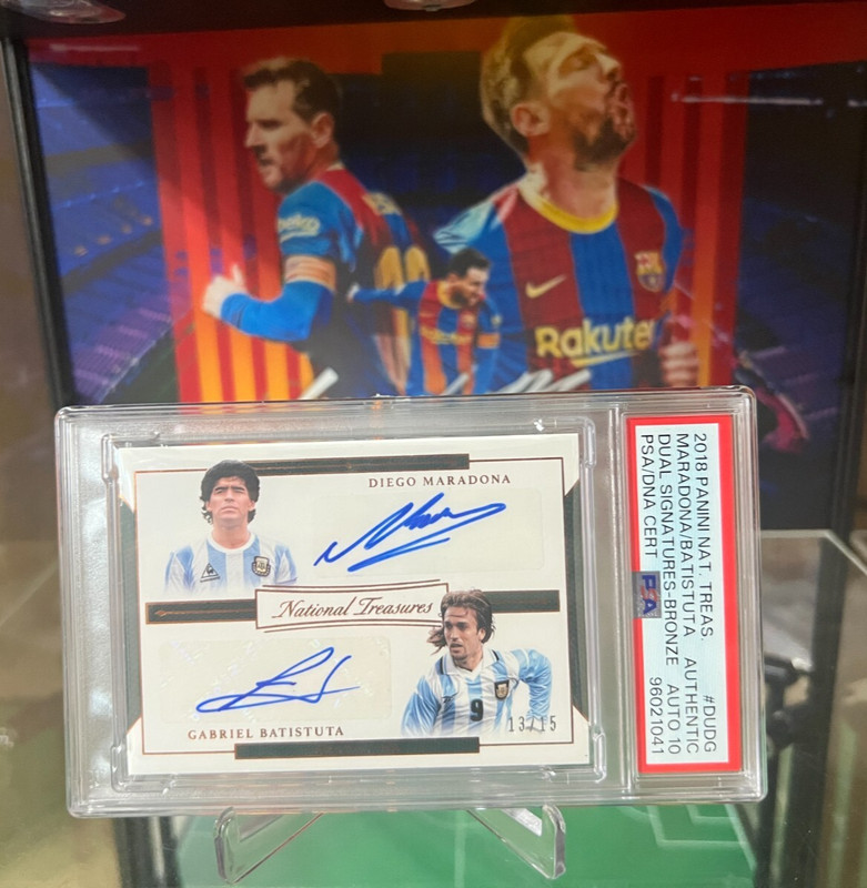 2018 National Treasures Maradona/Batistuta Bronze Dual Auto /15 PSA 10 view 2