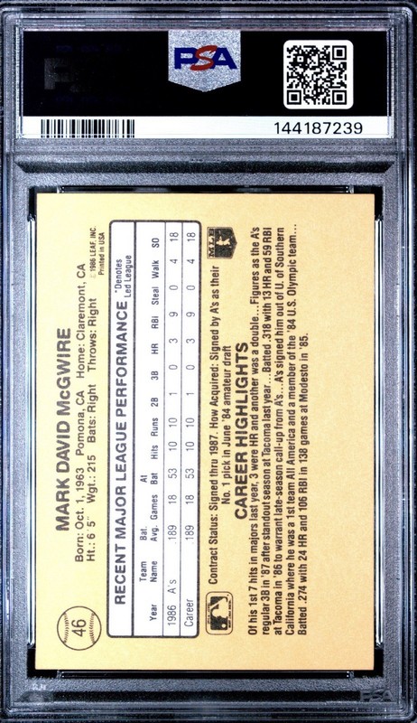 1987 Donruss #46 Mark McGwire PSA 9 Rated Rookie Card RC Mint Oakland Athletics view 2
