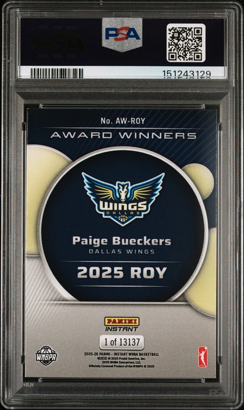 2025 Panini Instant Wnba Award Winners #ROY Paige Bueckers RC PSA 9 view 2