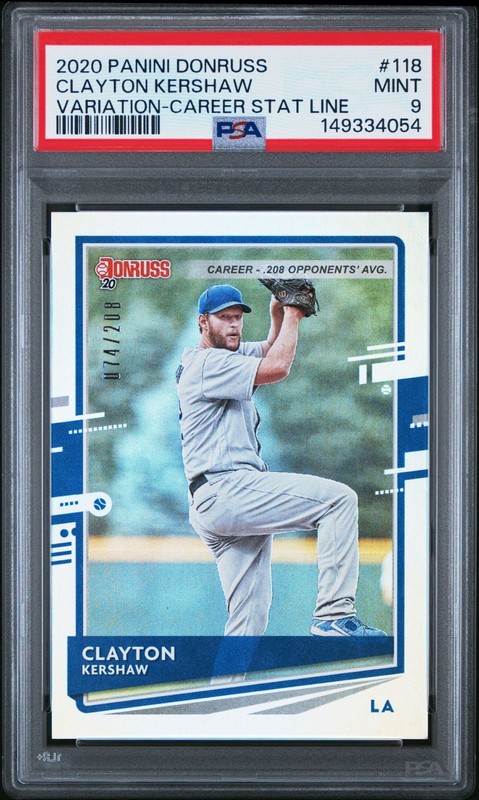 CLAYTON KERSHAW 2020 PANINI DONRUSS VARIATION CAREER STAT LINE /208 #118 PSA 9