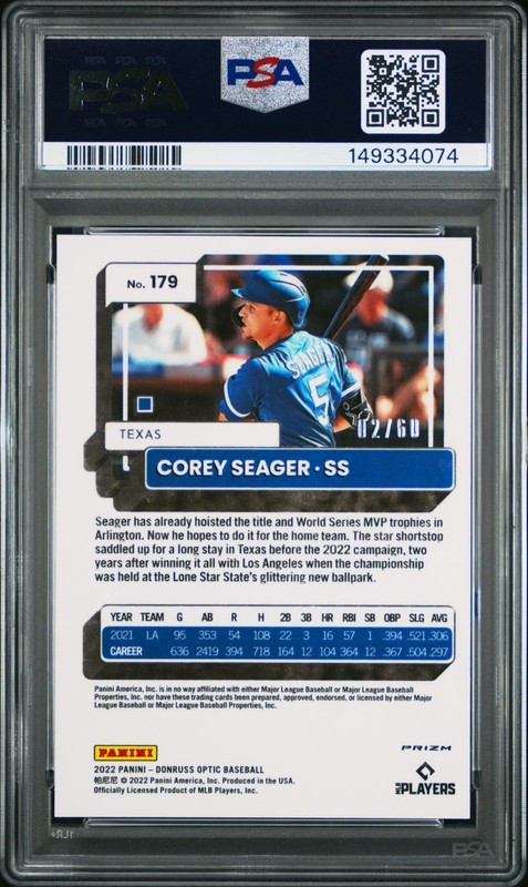 COREY SEAGER 2022 DONRUSS OPTIC RED /60 #179 PSA 9 MINT view 2