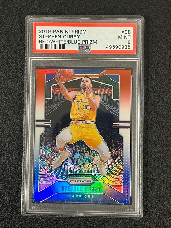 Stephen Curry 2019-20 Panini Prizm Red White Blue PSA 9 Warriors 98 