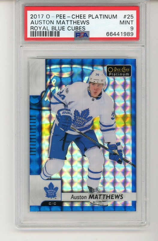 2017-18 O-PEE-CHEE PLATINUM HOCKEY ROYAL BLUE CUBES AUSTON MATTHEWS 14/99 PSA 9